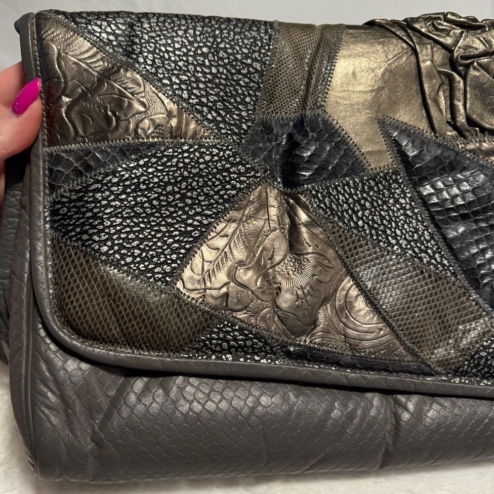 VTG Bags By Pinky Woven Patchwork Leather Shoulder Purse Metallic USA 80’s 90’s - Picture 3 of 16